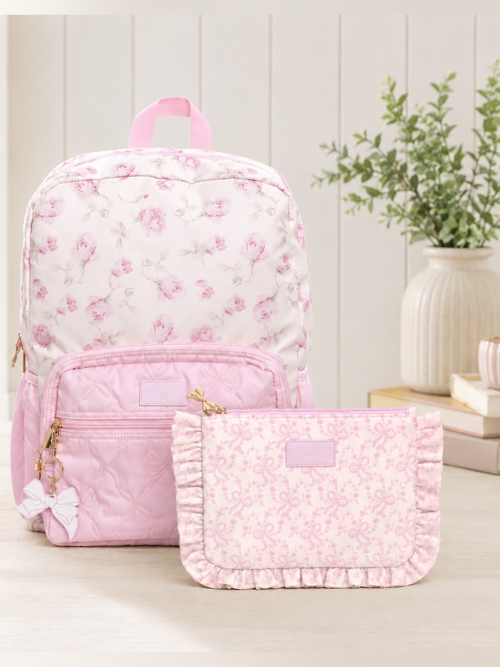 LoveShackFancy Ribbon Rosa Backpack and Flat Zip Pencil Case Set